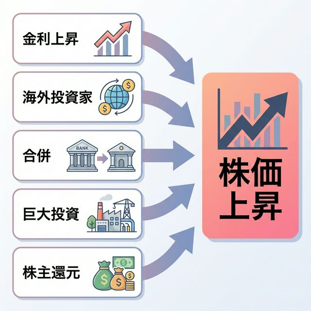 地方銀行の株価が上昇する5つの要因を示すフロー図