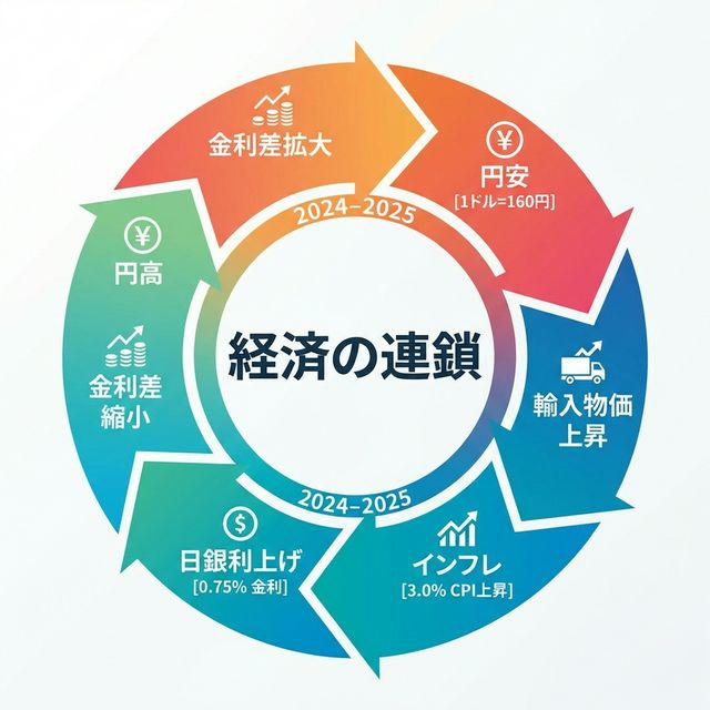 5つの経済用語の総合相関図 - 経済の連鎖サイクル
