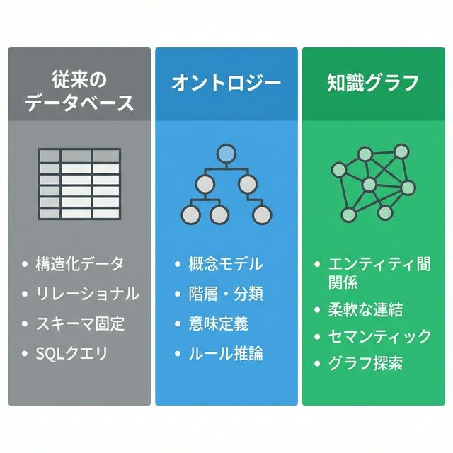データベース、オントロジー、知識グラフの比較図