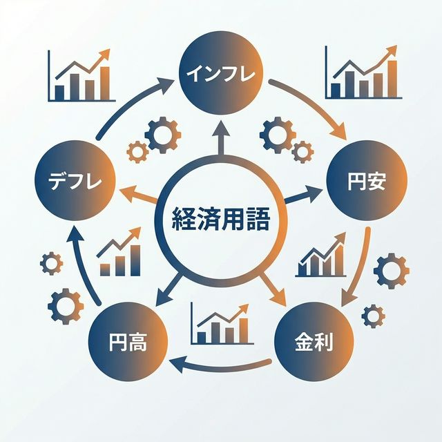 経済用語の相関関係を示すインフォグラフィック - インフレ、デフレ、円安、円高、金利