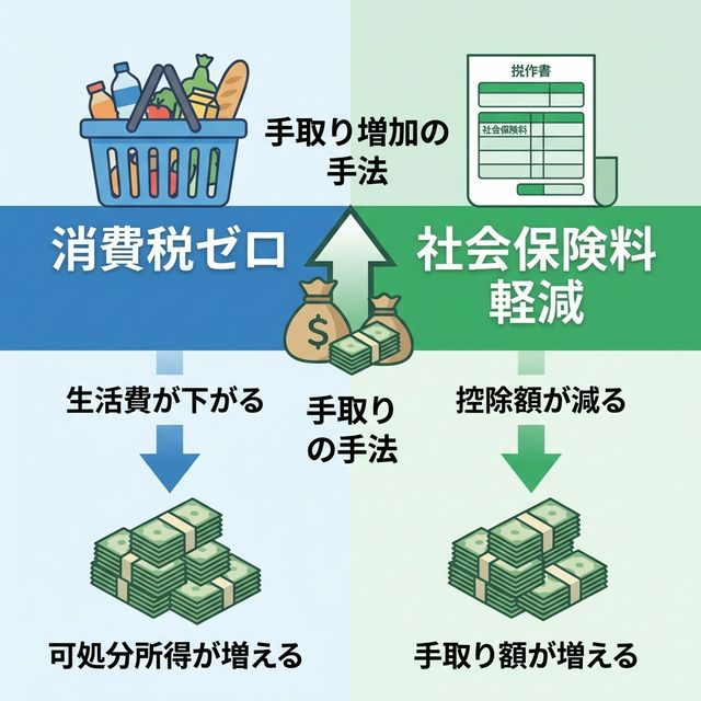 消費税ゼロか社会保険料軽減かの手取り増加手法比較 2026年 衆議院選挙 各党政策