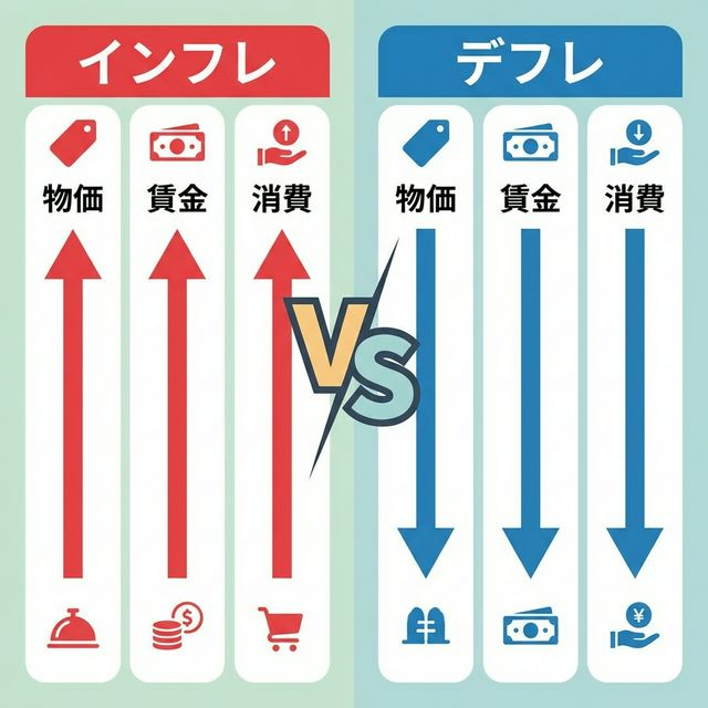 インフレとデフレの比較図 - 物価、賃金、消費の動きを視覚化