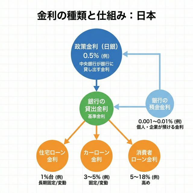 金利の種類と仕組み：政策金利から住宅ローン・カーローン・預金金利まで
