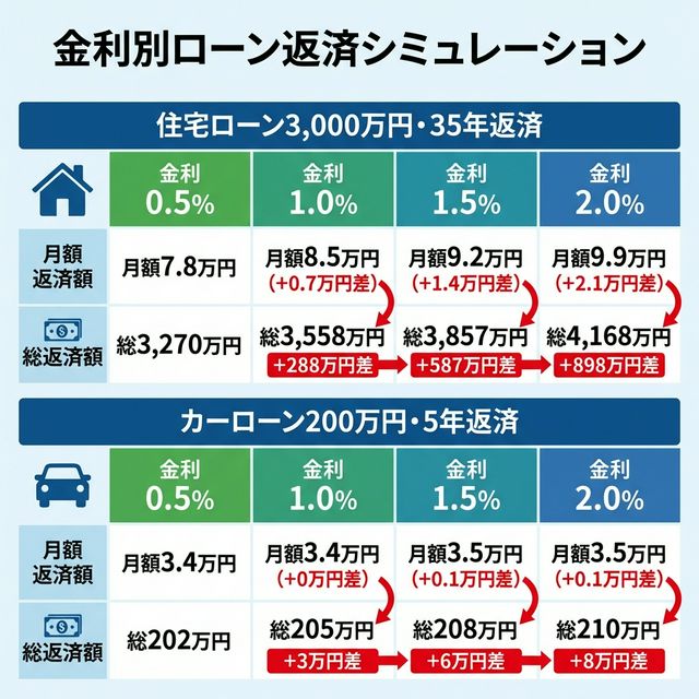住宅ローン・カーローン 金利別返済シミュレーション比較表