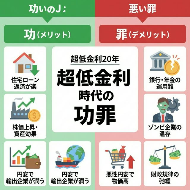 超低金利時代の功罪：メリットとデメリットの比較インフォグラフィック