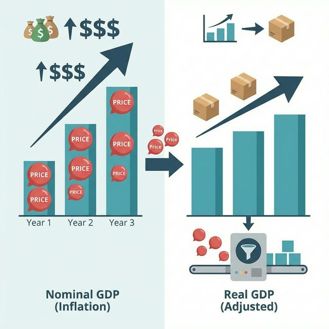 名目GDPと実質GDPの違いを比較する図解、物価上昇と実質的な生産量の変化
