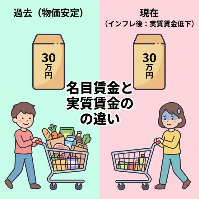 名目賃金と実質賃金の違い。同じ30万円でもインフレ後は買えるモノの量が半分に減る。