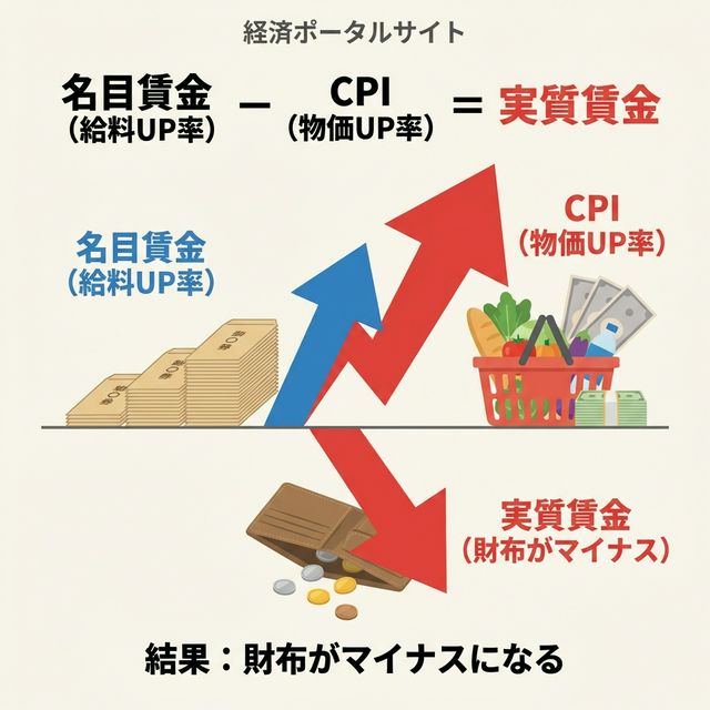 実質賃金の計算式を図解：名目賃金（給料UP率）－ CPI（物価UP率）＝ 実質賃金
