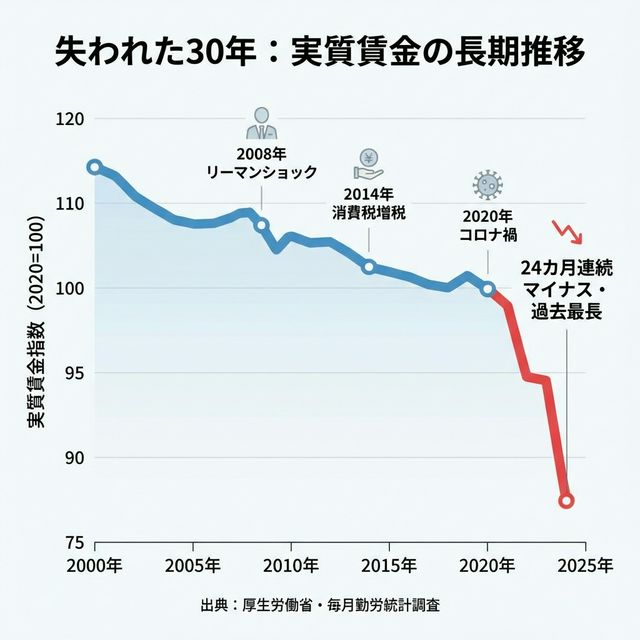 2000年代からの実質賃金の長期推移グラフ。2024年に過去最長の24カ月連続マイナスを記録。