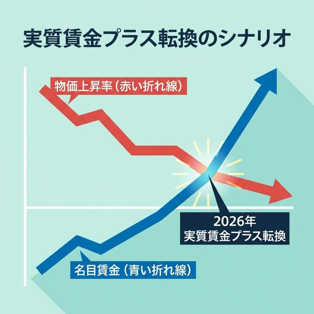実質賃金プラス転換のシナリオ。名目賃金が物価上昇率を上回る2026年のターニングポイント