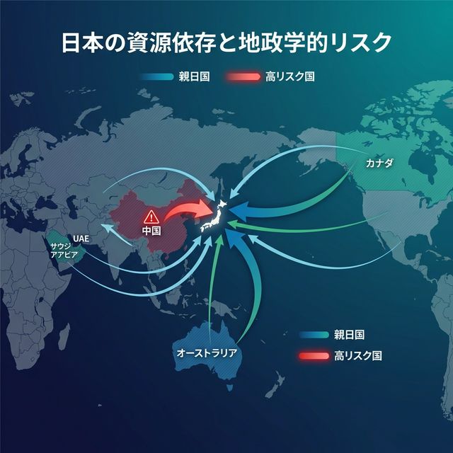 日本の資源依存と地政学的リスクを示す世界地図