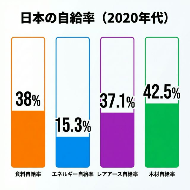 日本の自給率（食料38%、エネルギー15.3%、レアアース37.1%、木材42.5%）