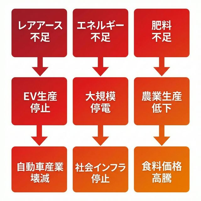 資源不足の影響フロー図：レアアース→EV生産停止→自動車産業壊滅