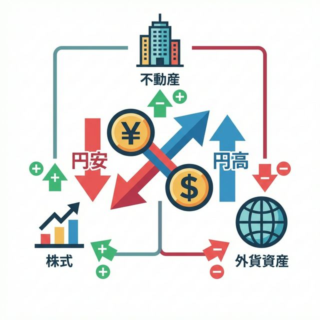 円安と円高が不動産・株式・外貨資産に与える影響図