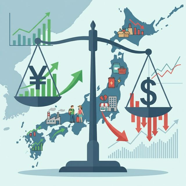 円安と円高の日本経済への影響を天秤で表現した図
