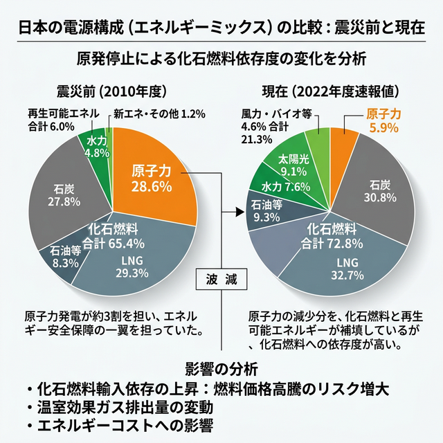日本の電源構成の比較（震災前 vs 現在）