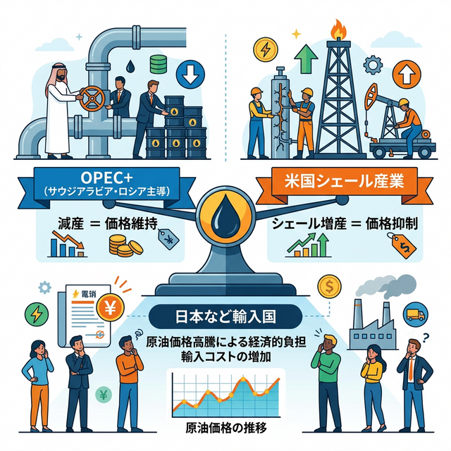 OPEC+減産 シェール革命 原油価格 綱引き 日本輸入国 図解